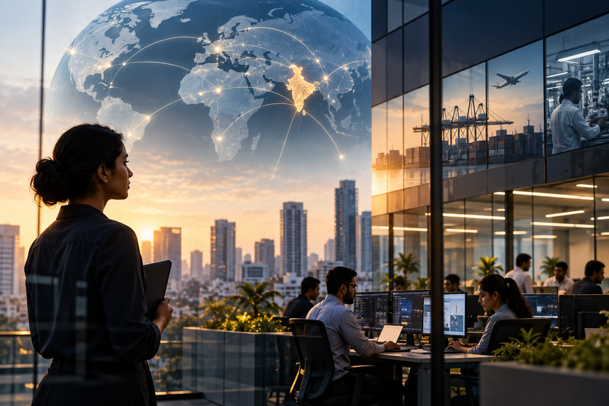 A businesswoman overlooks a city skyline with office workers inside, global connections map overlay, and images of trade and aviation reflect international business and logistics.
