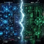 Two circuit boards, one blue and one green, split by a jagged flash of light, with digital and network patterns on each side.