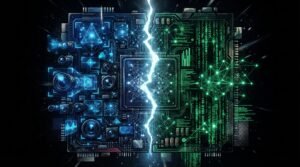 Two circuit boards, one blue and one green, split by a jagged flash of light, with digital and network patterns on each side.