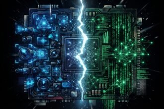Two circuit boards, one blue and one green, split by a jagged flash of light, with digital and network patterns on each side.