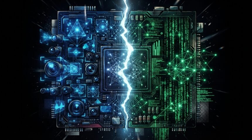 Two circuit boards, one blue and one green, split by a jagged flash of light, with digital and network patterns on each side.