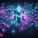 Digital illustration of a glowing city at the center of a world map, connected to various global nodes by neon lines, symbolizing international data networks and cyber technology.