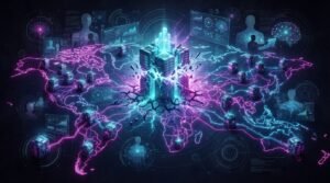 Digital illustration of a glowing city at the center of a world map, connected to various global nodes by neon lines, symbolizing international data networks and cyber technology.