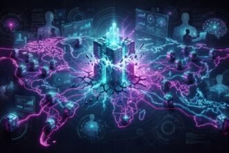 Digital illustration of a glowing city at the center of a world map, connected to various global nodes by neon lines, symbolizing international data networks and cyber technology.
