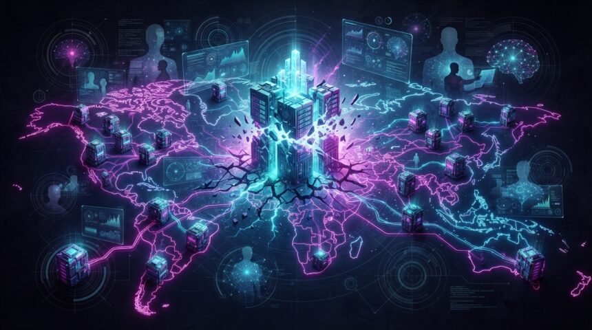 Digital illustration of a glowing city at the center of a world map, connected to various global nodes by neon lines, symbolizing international data networks and cyber technology.