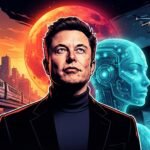 A man in a suit stands before a futuristic city, with a robot, flying drone, red moon, train, and person at a computer in the background.