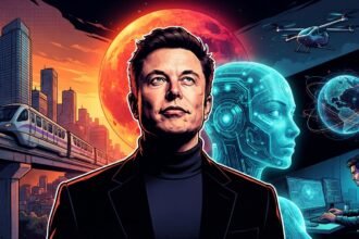 A man in a suit stands before a futuristic city, with a robot, flying drone, red moon, train, and person at a computer in the background.