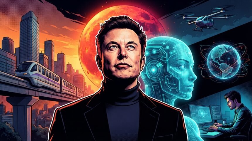 A man in a suit stands before a futuristic city, with a robot, flying drone, red moon, train, and person at a computer in the background.