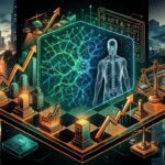 A digital illustration of AI and data analytics in healthcare, showing a human figure, neural network, graphs, scales, and a futuristic city background.