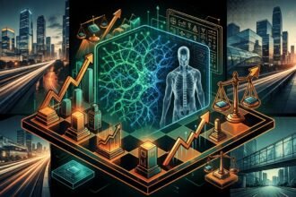 A digital illustration of AI and data analytics in healthcare, showing a human figure, neural network, graphs, scales, and a futuristic city background.