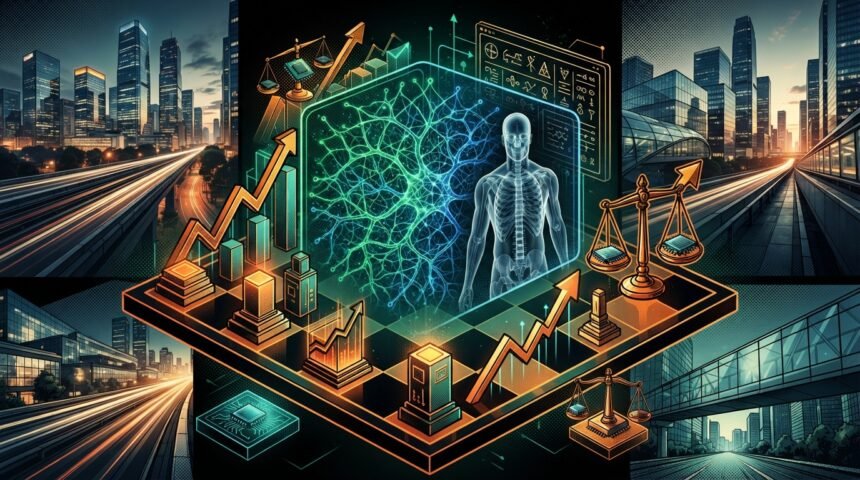 A digital illustration of AI and data analytics in healthcare, showing a human figure, neural network, graphs, scales, and a futuristic city background.