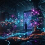 Three people stand in a dark server room with glowing neon data streams, holographic graphs, and digital elements surrounding computer servers.