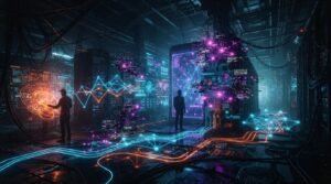 Three people stand in a dark server room with glowing neon data streams, holographic graphs, and digital elements surrounding computer servers.