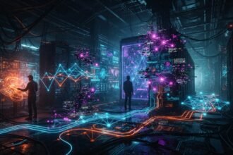 Three people stand in a dark server room with glowing neon data streams, holographic graphs, and digital elements surrounding computer servers.