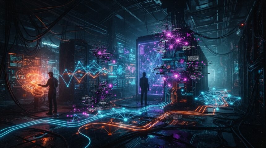Three people stand in a dark server room with glowing neon data streams, holographic graphs, and digital elements surrounding computer servers.