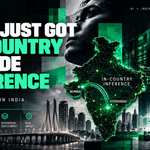 AWS in-country Claude inference for India, featuring a map highlighting Mumbai and Hyderabad with icons for data residency, regulated industries, enterprise, and impact.