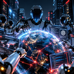 Multiple humanoid robots surrounding and interacting with a glowing digital globe connected by a network of lines.