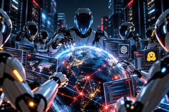 Multiple humanoid robots surrounding and interacting with a glowing digital globe connected by a network of lines.