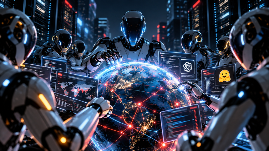 Multiple humanoid robots surrounding and interacting with a glowing digital globe connected by a network of lines.